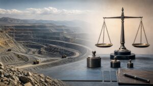 Open-pit mine beside balanced fiscal ledgers symbolising Union-State mineral taxation