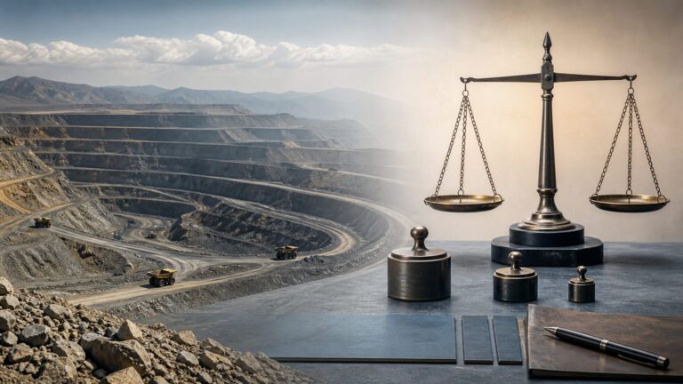 Open-pit mine beside balanced fiscal ledgers symbolising Union-State mineral taxation
