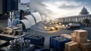 Small manufacturing workshop with digital invoices converting into working capital