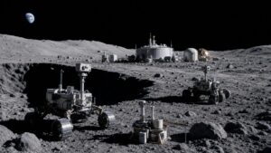 Robotic lunar research outpost with rovers and scientific instruments near the Moon’s South Pole