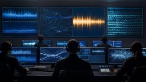 Analysts coordinating cyber, aerial, maritime and field intelligence in a multi-agency security room