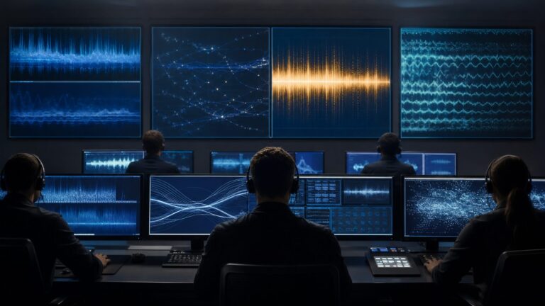 Analysts coordinating cyber, aerial, maritime and field intelligence in a multi-agency security room