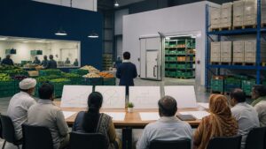 Farmer-members reviewing plans inside a cooperative processing and storage facility