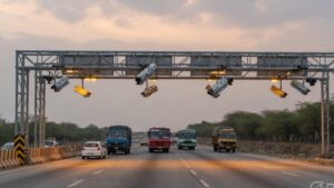 Barrier-less overhead gantries spanning a multi-lane Indian national highway, with vehicles moving freely and no booth staff in the foreground