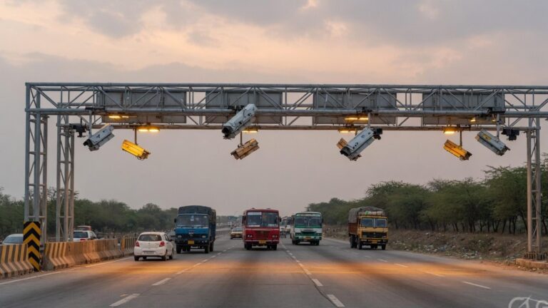 Barrier-less overhead gantries spanning a multi-lane Indian national highway, with vehicles moving freely and no booth staff in the foreground