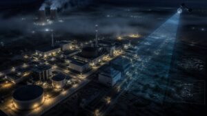 Secured nuclear research complex viewed through remote monitoring imagery