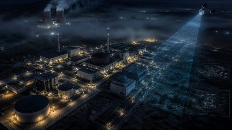 Secured nuclear research complex viewed through remote monitoring imagery