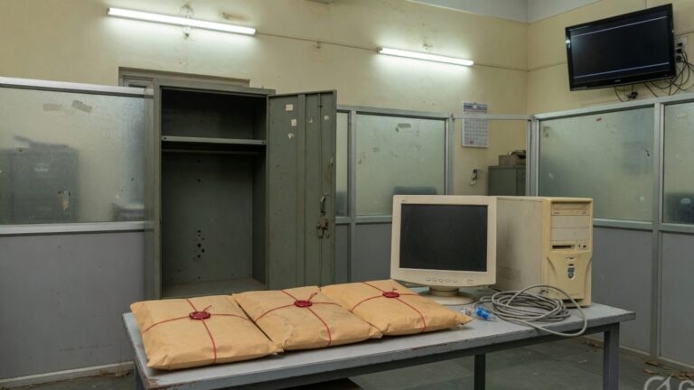 Empty high-security exam operations room with sealed paper packets, an unplugged computer and a phone-deposit locker