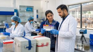 Veterinary and public-health teams coordinating zoonotic disease surveillance in a diagnostic laboratory