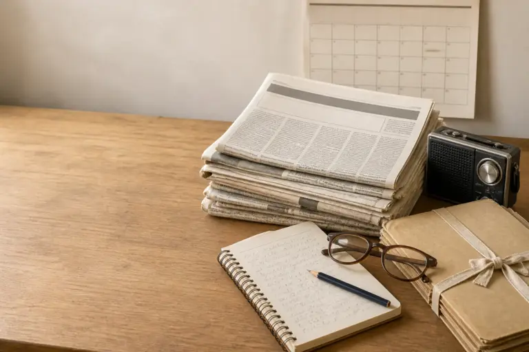A stack of 1980s Indian broadsheet newspapers, a reporter's notebook, reading glasses, a transistor radio and a tied government file on a desk