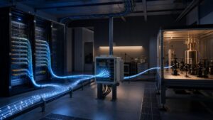 Optical fiber paths connecting core, access and quantum-security equipment in a network testing laboratory