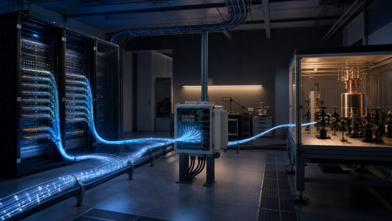 Optical fiber paths connecting core, access and quantum-security equipment in a network testing laboratory