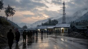 Anonymous voters approach a secured mountain polling station near a dark telecommunications tower after rain