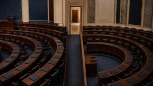 Empty parliamentary chambers illustrating the interval between adjournment sine die and formal prorogation