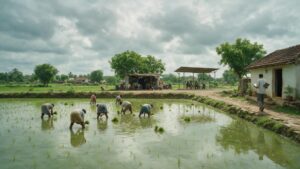 Farm workers transplanting paddy in a flooded field in the monsoon, with a small roadside workshop, a bus stop and a survey enumerator walking towards a village household in the distance