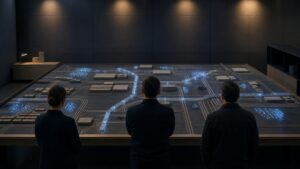 Anonymous planners examining infrastructure layers and aggregated transaction activity signals