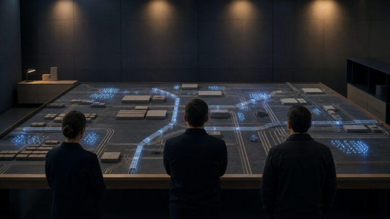 Anonymous planners examining infrastructure layers and aggregated transaction activity signals