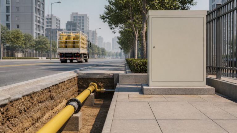 Urban apartment building connected to a piped natural gas network as LPG cylinder delivery transitions away