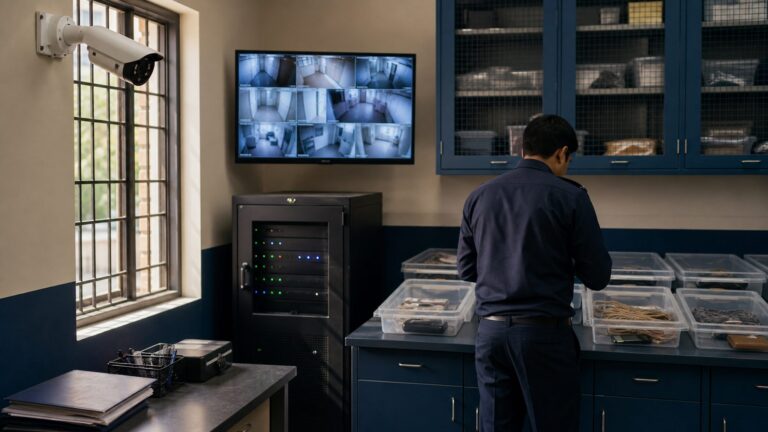 Editorial illustration of CCTV and evidence systems supporting accountable police modernisation