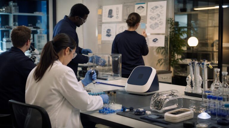Researchers working with a pharmaceutical assay and a prototype medical device in a modern laboratory
