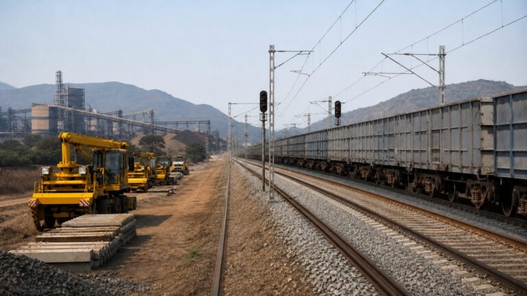 Freight train on a newly constructed electrified railway corridor with engineers inspecting the track
