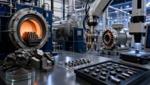 Precision equipment producing sintered rare-earth permanent magnet components in an integrated manufacturing facility