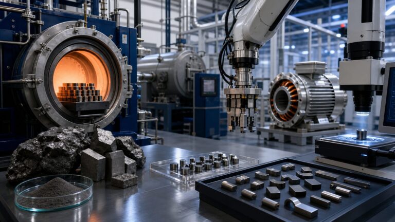 Precision equipment producing sintered rare-earth permanent magnet components in an integrated manufacturing facility