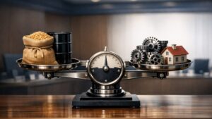 Balance scale weighing food and fuel inflation risks against economic growth beside a steady policy-rate dial