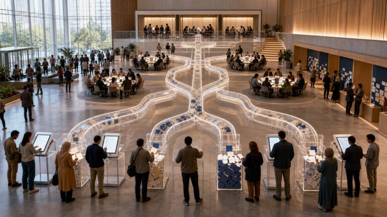 Citizens contributing suggestions to a transparent public-policy workflow in a civic hall