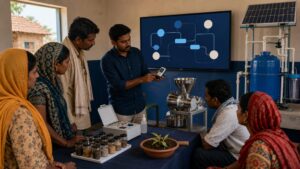 Rural community members examining practical technologies inside a village innovation centre