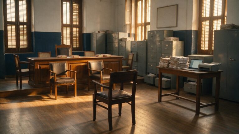 Empty appellate hearing room with a wooden bench, stacked paper case files, a laptop and rows of grey filing cabinets