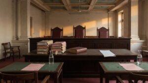 Empty appellate courtroom with three vacant chairs, a closed Constitution and an unsigned order sheet on the bench