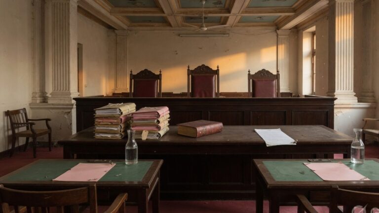 Empty appellate courtroom with three vacant chairs, a closed Constitution and an unsigned order sheet on the bench