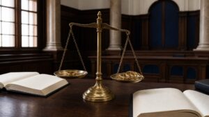 A courtroom scale balancing one wedding ring against several rings beside open law books