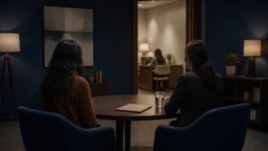 A survivor meeting a counsellor at a district victim-support centre