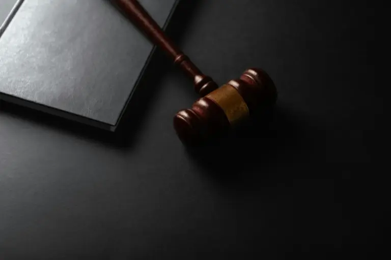 A gavel resting on a bound volume of statutes