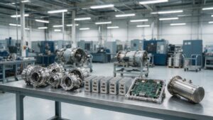 Precision-machined defence sub-assemblies, avionics line-replaceable units and a radar module laid out on a workbench in an Indian defence component workshop