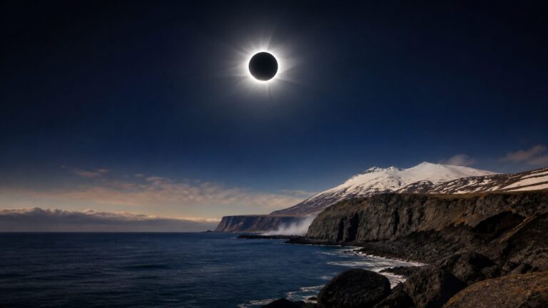 Total solar eclipse and corona above a North Atlantic coastline with observers using safe equipment