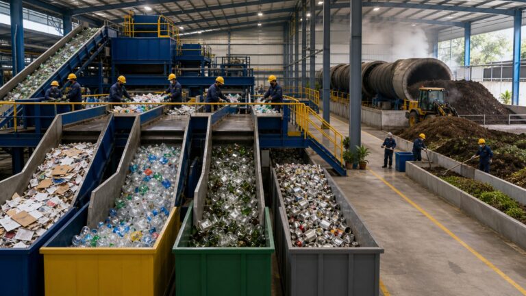 Segregated waste streams moving through a material recovery facility under the Solid Waste Management Rules 2026