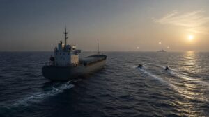 Cargo vessel and distant skiffs in the Gulf of Aden under maritime surveillance