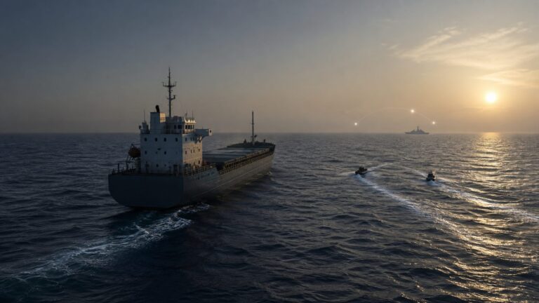Cargo vessel and distant skiffs in the Gulf of Aden under maritime surveillance