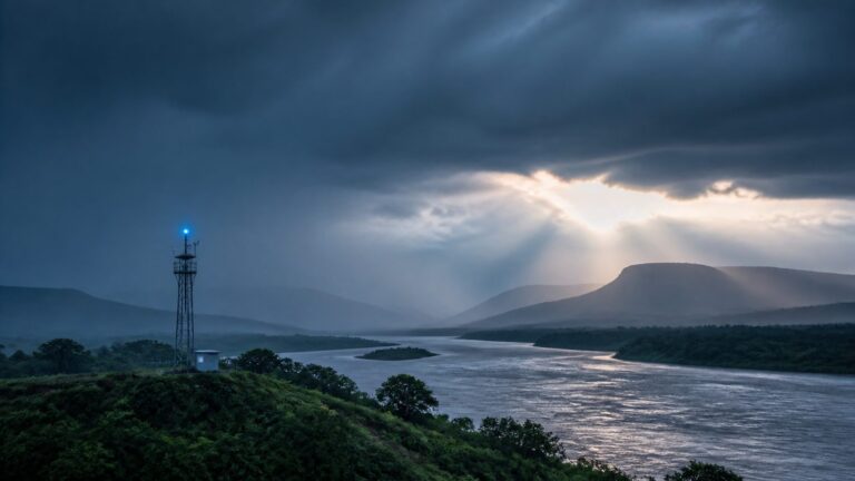 Editorial illustration of monsoon clouds, river channels and resilient settlement planning in India