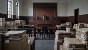 Empty courtroom with sealed evidence boxes and stacked case files representing the backlog before special NDPS courts