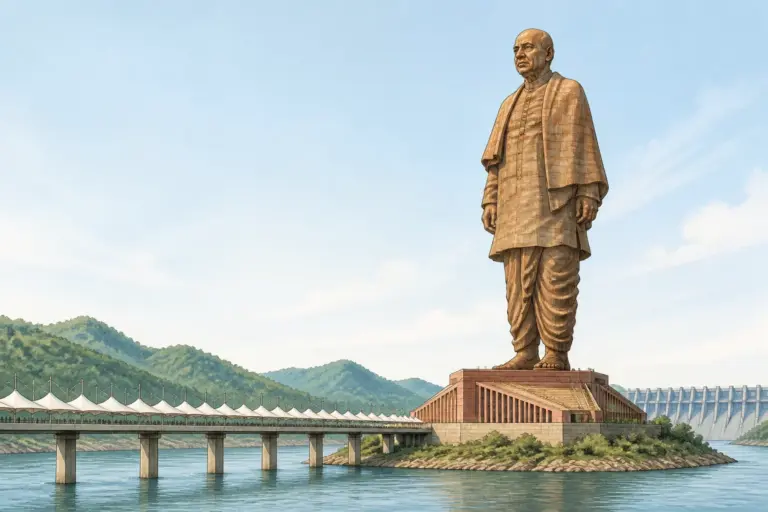 Editorial illustration of the Statue of Unity rising from its island plinth on the Narmada, with the visitor walkway and the Sardar Sarovar dam beyond