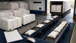 Sugar warehouse showing verified stocks moving through staged dispatch lanes to a freight truck
