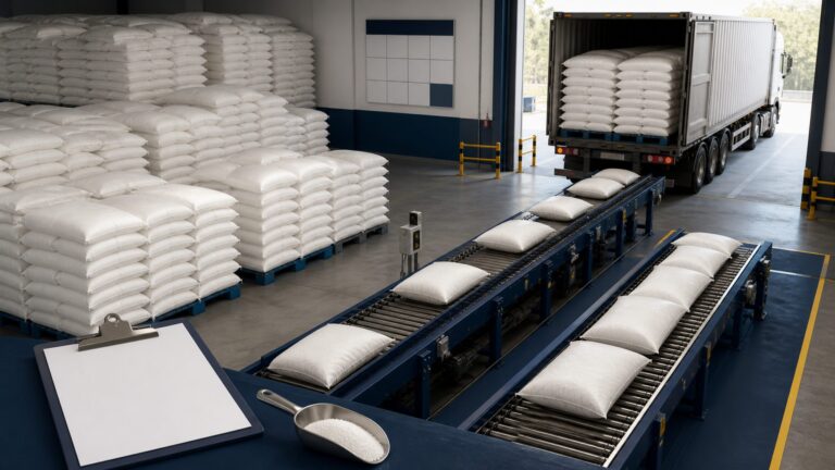 Sugar warehouse showing verified stocks moving through staged dispatch lanes to a freight truck