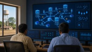 Rural water officials reviewing secure connected data from village water infrastructure