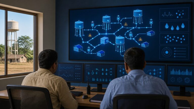 Rural water officials reviewing secure connected data from village water infrastructure