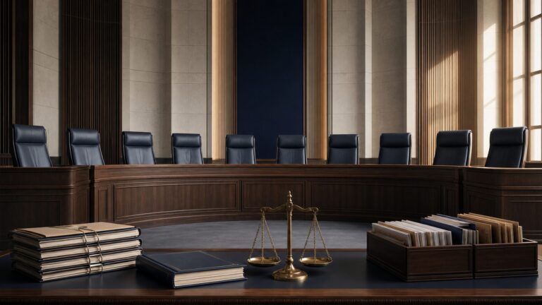 Expanded constitutional courtroom with additional empty judicial chairs and case files