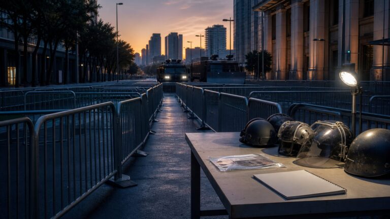 Barricaded crowd-control corridor with an ammunition record preserved for judicial scrutiny